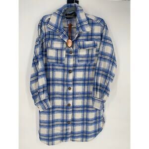 Spoon‎ Jeans Brushed Knit Plaid Long Shacket-Blue